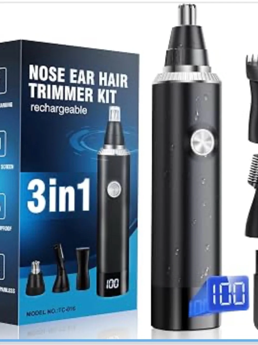 Rechargeable Nose & Ear Hair Trimmer - Black - 3-in-1 Grooming Kit